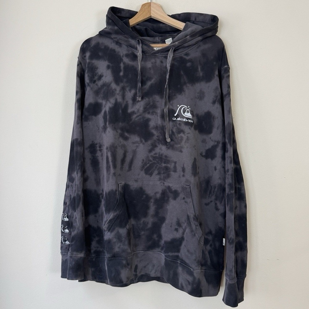 Vintage y2k Quiksilver Graphic Logo Pullover Grey Tye Dye Hoodie - Large